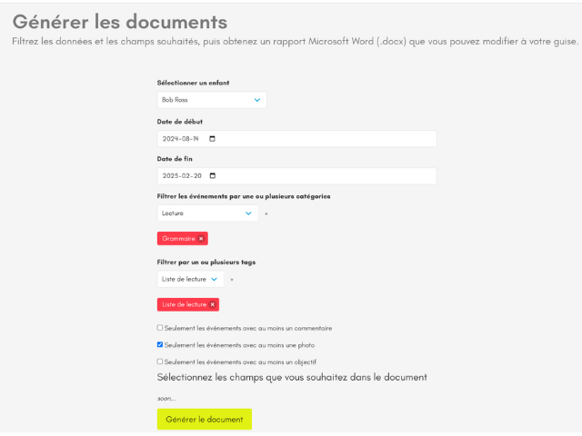 Interface de la création de rapport